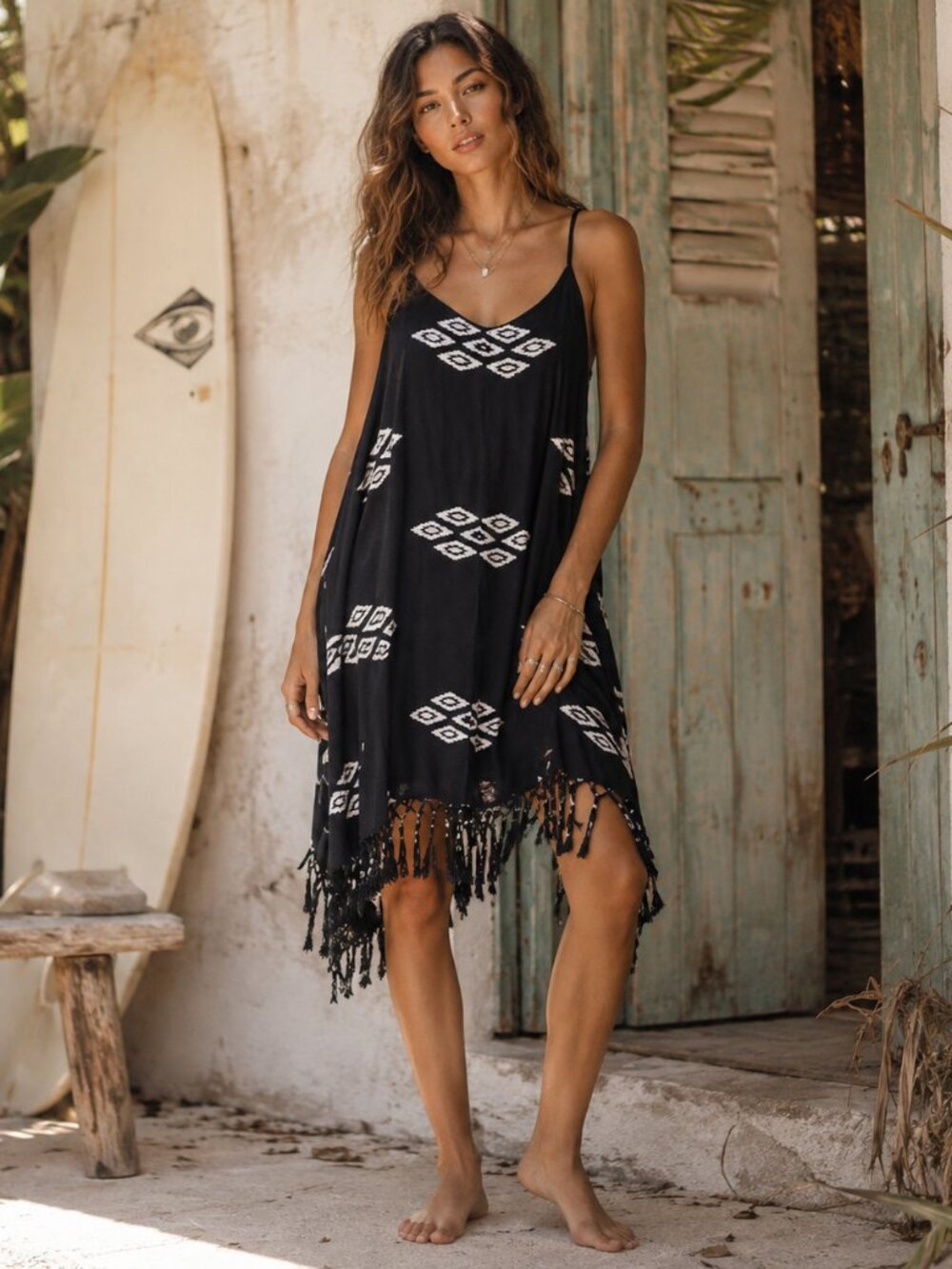 Billabong Sunlit Summer Dress M Black White Fringe Hem Boho Festival Lined
